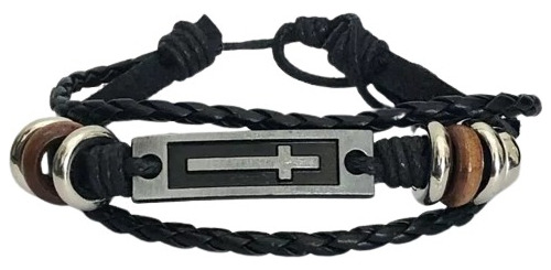 Pulsera Cuero Trenzado Dije Medalla Rectangular Rosario Cruz