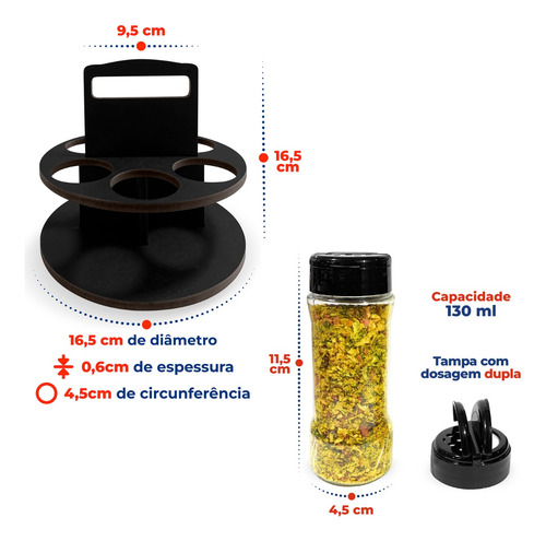 Kit Porta Tempero E Especiarias Com Alça Potes 130ml
