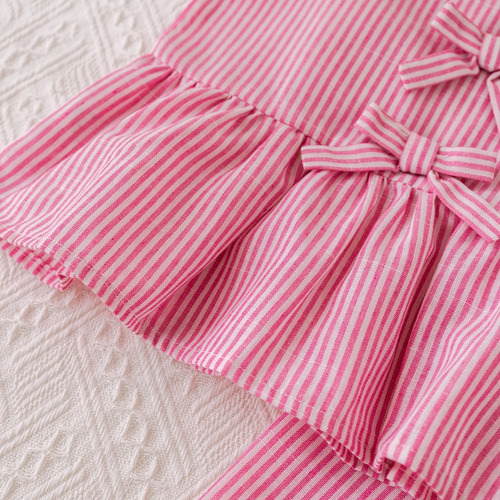 Conjunto Para Niñas Top De Moños Pantalón Pie Ancho Rayas Rosa - Blanco 7 Años