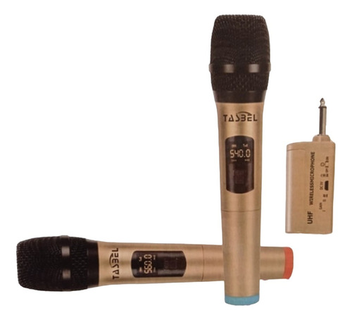 Microfono Doble Inalámbrico Karaoke Profesional Uhf Dorado 