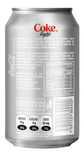 Imagen 4 de 5 de Refresco Coca - Cola Sabor Ligero Lata 355ml 12 Unidades.
