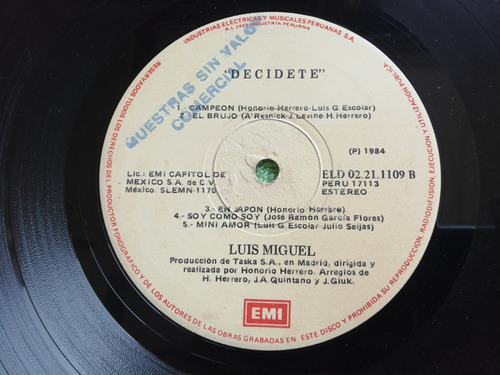 Eam Lp Vinilo Luis Miguel Decidete 1983 Edicion Peruana Emi (Usado)