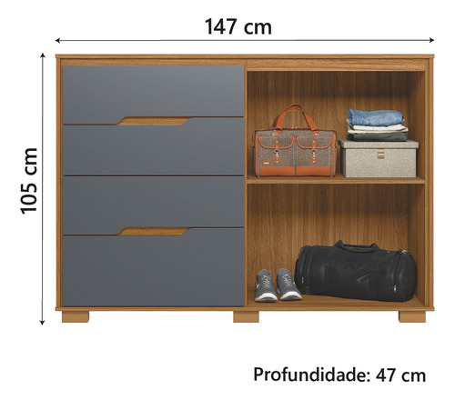 Cômoda 4 Gavetas 2 Portas Com Ripado Moval Texas Freijó/cinza Cor Freijó/gra