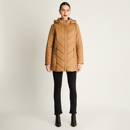 Parka Larga Con Cierre Frontal Y Gorro Camel Mujer Moda Invi