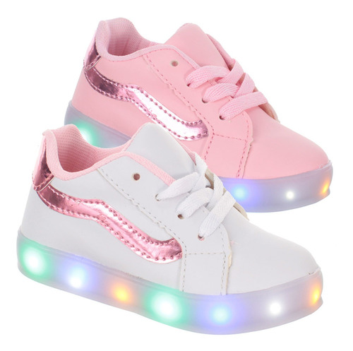 Tenis Infantil Criança Com Luz De Led Pisca Branco Rosa