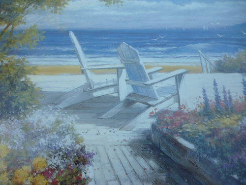 Cuadro Mediterraneo Antiguo 40 X 33 Cm Reposeras En Playa