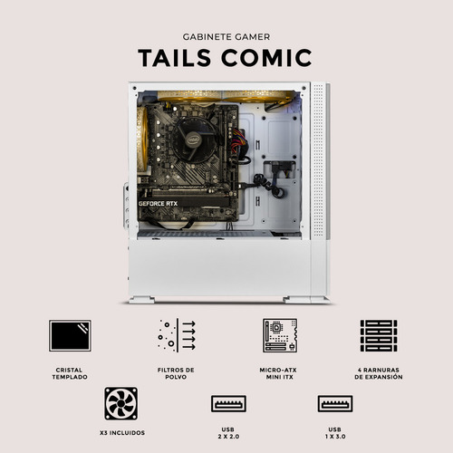 Gabinete Gamer Xtreme Pc Gaming Tails Comic Edition Mini Torre Micro Atx 3 Fan Argb Mesh Cristal Templado