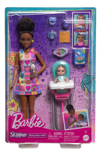Vestido arcoíris de Barbie Skipper con bebé en la silla