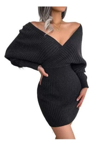 Vestido De Lana Con Cuello En V Tejido Invierno Para Mujer