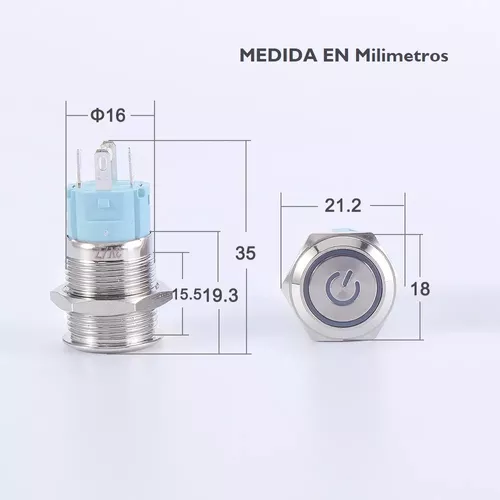 Boton Pulsador De Metal Sin Retencion 16mm - Led 12v Azul