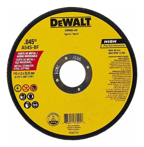 Disco De Corte Metal/inox Dewalt Dw8062-ar