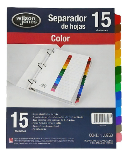 Separador De Hojas Para Carpeta De Argolla C/15 Divisiones