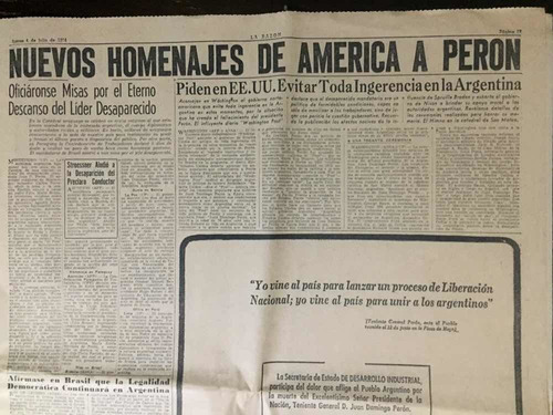 Diario La Razón 04/07/1974 Nuevos Homenajes América A Perón