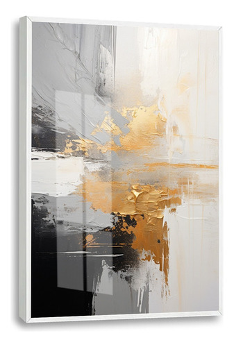 Quadro Decorativo Abstrato Gold Cinza Hall Com Moldura Vidro