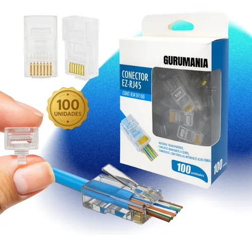 Conector Rj45 Macho Cat5e Cabo Rede Vazado Kit 100un Gurumania