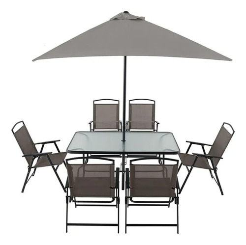 Set De Jardin Gris, 6 Sillas Pleg,  Mesa Y Sombrilla        