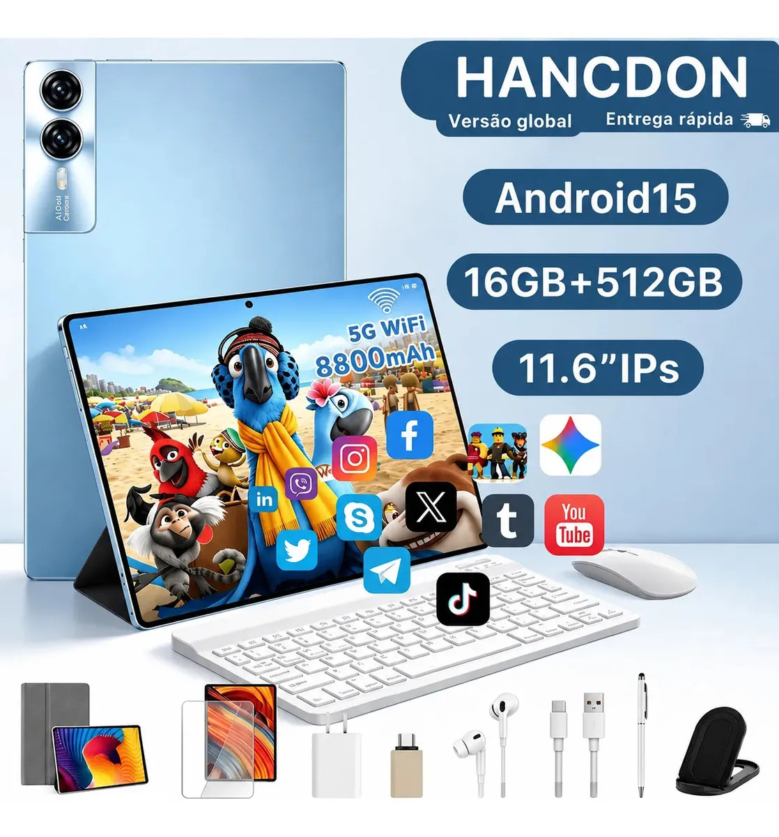 Tablet Android 15 Hancdon Tab Kit Completo Ram 16gb 512gb 11.6'' Hd Tela Apoia Wifi 2,4/4g/5g Dual Sim Bateria 8800mah Com Caneta+teclado E Mouse Profissional Estudo Trabalho Jogos 2 Em 1 Tablets Pc