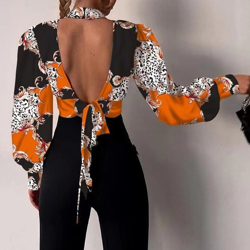 Camisa Sin Espalda Con Cuello Alto Y Manga Tipo Farol For M