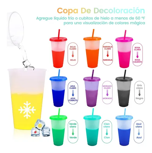 20pzs Vasos Magicos Cambian De Color Con Tapa Y Popote 710ml