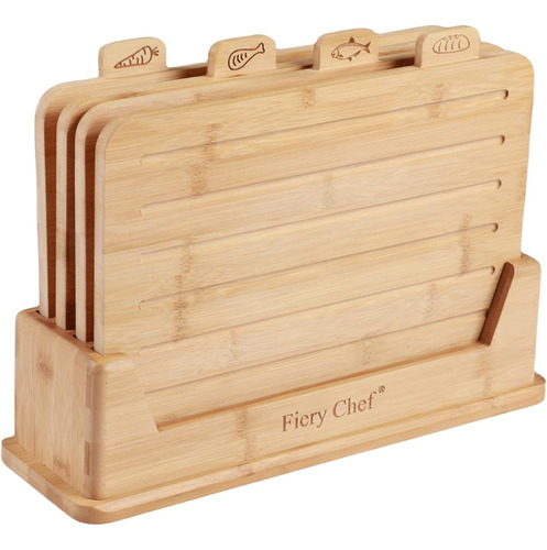 Juego De 4 Tablas De Cortar De Bambú Con Soporte - Fiery Che Natural