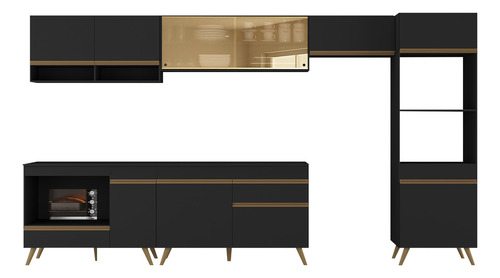 Armário de Cozinha Modulada Completa 357cm com Balcão para Cooktop Veneza Multimóveis MP2274 Cor Preto/dourado