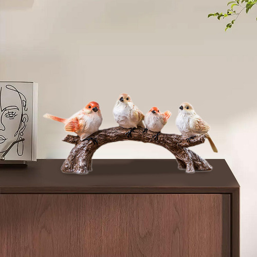 Artesanía De Pájaro En Rama, Escultura De 4 Pájaros