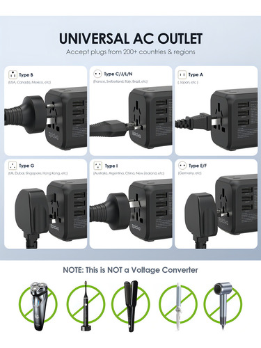 Epicka Adaptador de Viaje Universal Adaptador Internacional de Enchufes Con Doble Toma de Corriente Ac 2 Usbc de Carga Rápida Pd 35w y 3 Usba Cargador de Pared Mundial Todo en uno Ta205 Negro 127V
