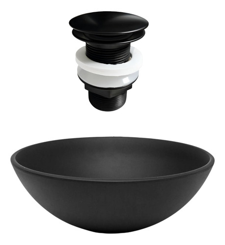 Cuba Para Banheiro Preto Fosco Redonda 35 Cm + Válvula Click