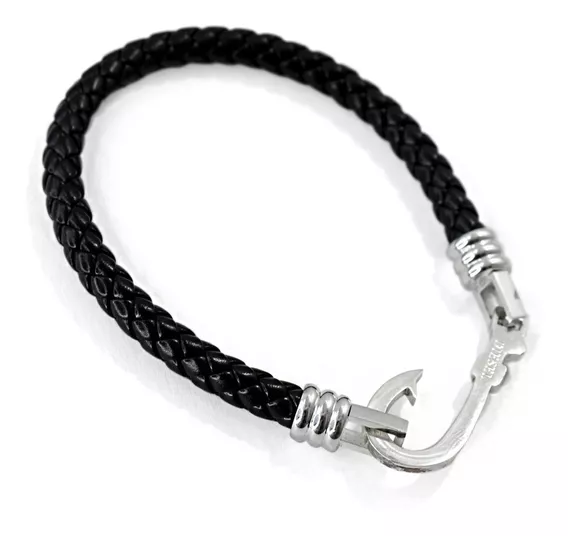 Pulsera Hombre Cuero Genuino Dije Acero Modelo Ancla Anzuelo