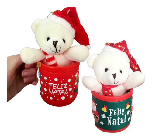 Kit 2 Canecas + 2 Pelúcias Urso Branco Enfeites Árvore Natal