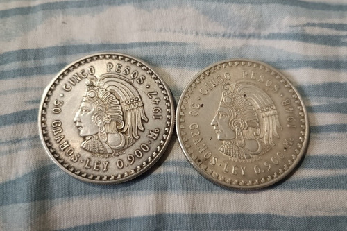 Monedas 5 Pesos Cuauhtémoc Plata Ley 900. Años 1947 Y 1948