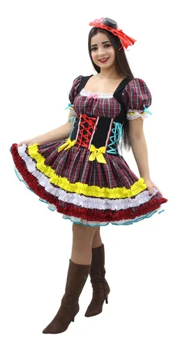 Vestido De Festa Junina Xadrez Adulto Corpete Caipira Junino