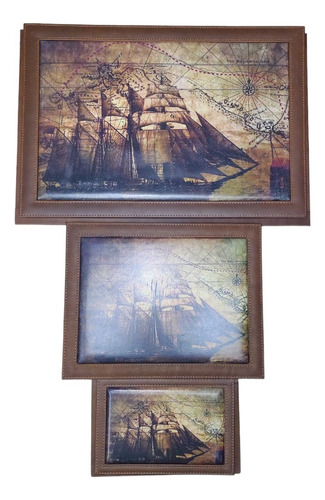 Juego Para Escritorio Estampado Barco Velas Piel Vacuno