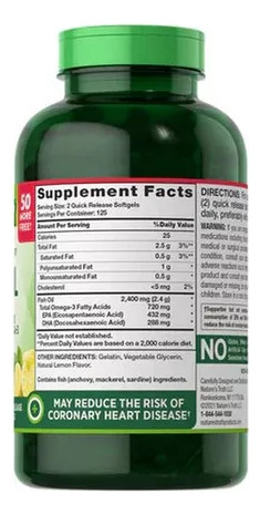 Nature's Fish Oil Omega 3 2400mg Dha 288 + Epa 432 250cp Eua Limão