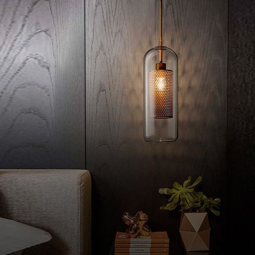 Lampara Colgante Ilios Innova 30 Cm Capsula De Cristal Con Jaula De Malla Color Dorado