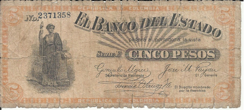 Colombia 5 Pesos Banco Del Estado Popayán 1900 (7 Dígitos)