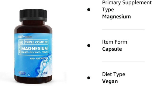 BioEmblem Magnesio Triple 300 mg Glicinato Malato y Citrato para Relajación Energía y Sueño Alta Absorción Vegano Sin OGM 90 Cápsulas