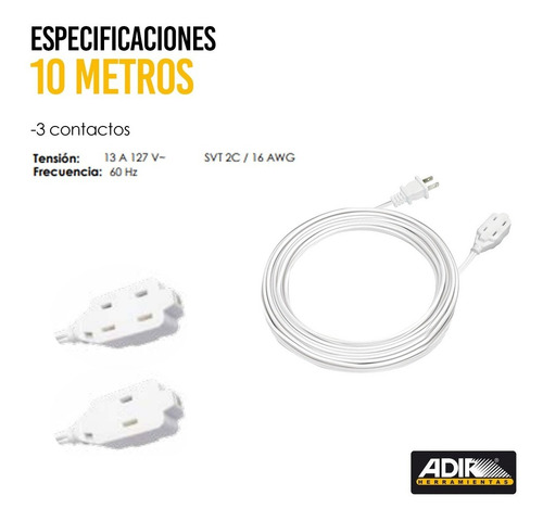 Imagen 2 de 2 de Extensión Eléctrica Uso Domestico Blanco 10 Metros Adir 978