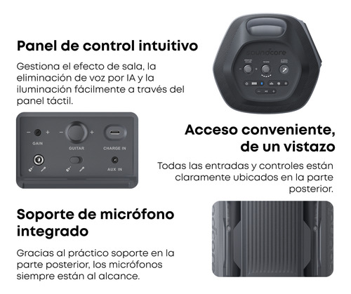 Bocina Bluetooth Soundcore Rave 3S 160 w Con Karaoke 2 Micrófonos Eliminación de Voz Ai Reverb Luces Led y 12h Batería Portátil Para Casa O Jardín Color Negro