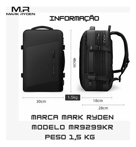 Mochila Mala Viagem Expansível 26-39l Notebook 17,3 Com Capa De Chuva Modelo Aviator Pro Rain Mark Ryden - Cor Preto