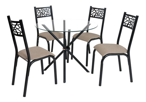 Conjunto Mesa Ciplafe Jade Slim 4 Cadeiras Tampo Vidro 0,90m Cor Preto fosco Desenho do tecido das cadeiras Linho Bege