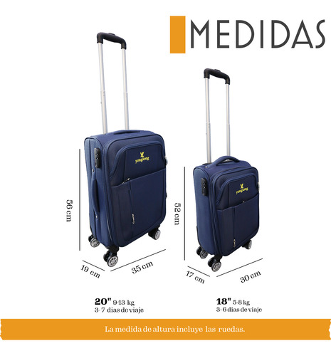 Set Kit 2 Maletas De Mano Carry On Viaje 10 Kgs Tela Candado Marino Y01