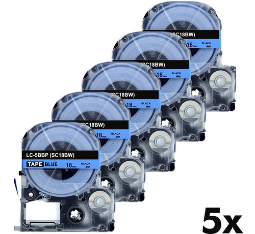 5x Fitas Lc-5bbp Compatível Para Rotulador Epson 18mm Azul Cor Letra Preto / Fita Azul