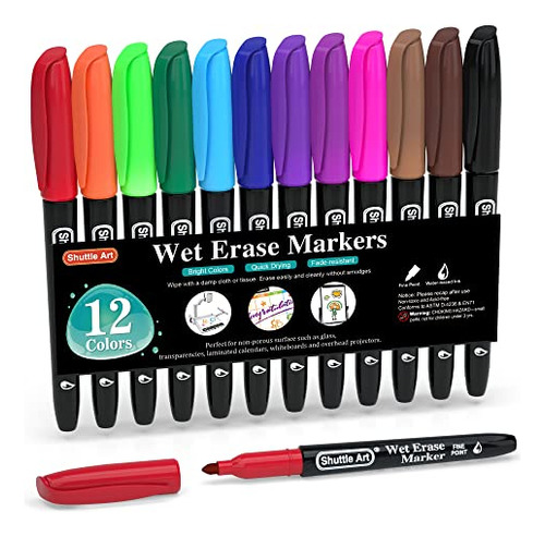 Wet Erase Markers, 12 Colors 1mm Fine Tip Smudge-free M...