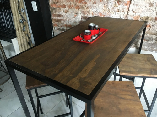 Imagen 3 de 4 de Mesa Barra Bar Hierro Madera 120x60x105 + 4 Taburetes 35x35 Cerveza Industrial Eventos Bares Desayunador