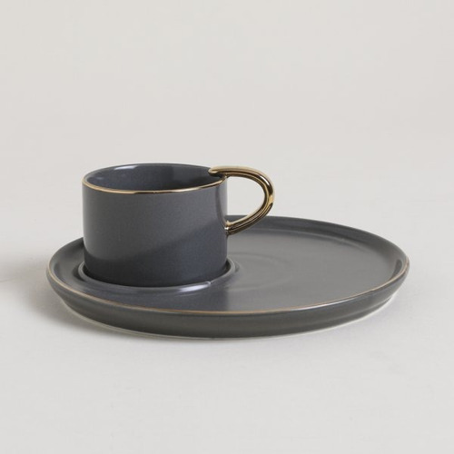 Taza De Cafe Y Bandeja Emilie Gris Borde Dorado 90ml