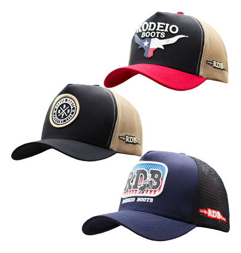 Kit Com 3 Bonés Country Trucker Aba Curva Agro Rodeio Top