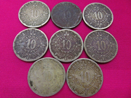 10 Centavos Calendario Azteca 1936 1937 1946 Serie 8 Pzas 
