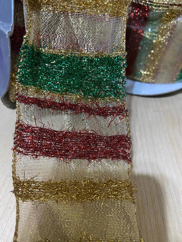 Rollo Cinta De Navidad De Rayas Roja, Verde Y Dorada. Nueva.
