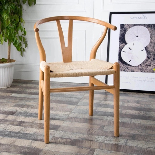 Pack 2 Sillas De Comedor Wishbone De Madera Estructura De La Silla Natural Asiento Natural Diseño De La Tela Tejido